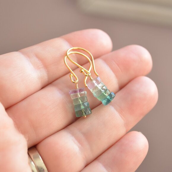 Fluorite Stack Earrings in Gold Vermeil - Hand Made in Canada - Picture 4 of 10